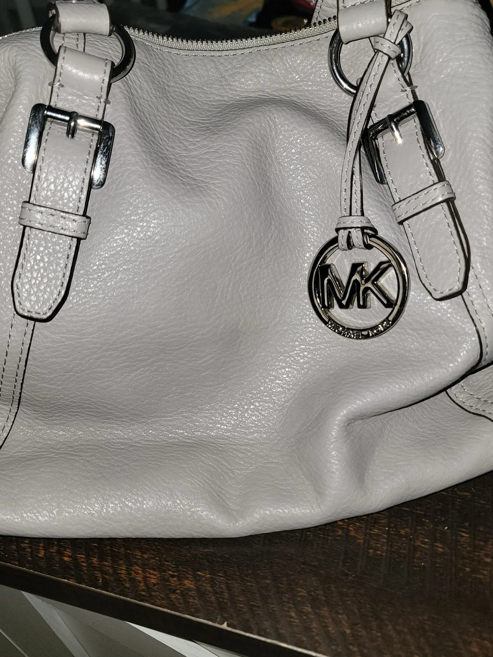 Michael Kors Light Gray Pebbled Leather Shoulder Bag with MK Charm